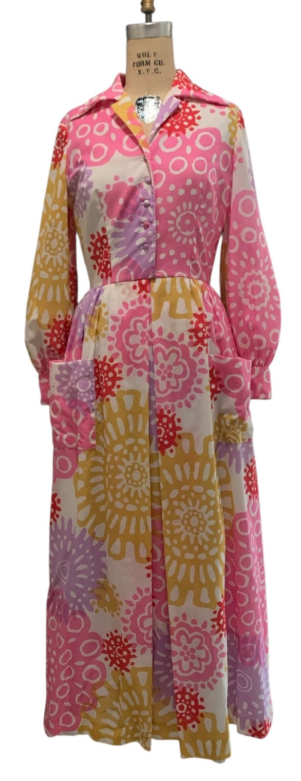 TORI RICHARD Vintage 70s Women&rsquo;s Floral Sunburst Print LS Cotton Dress – Sz 14