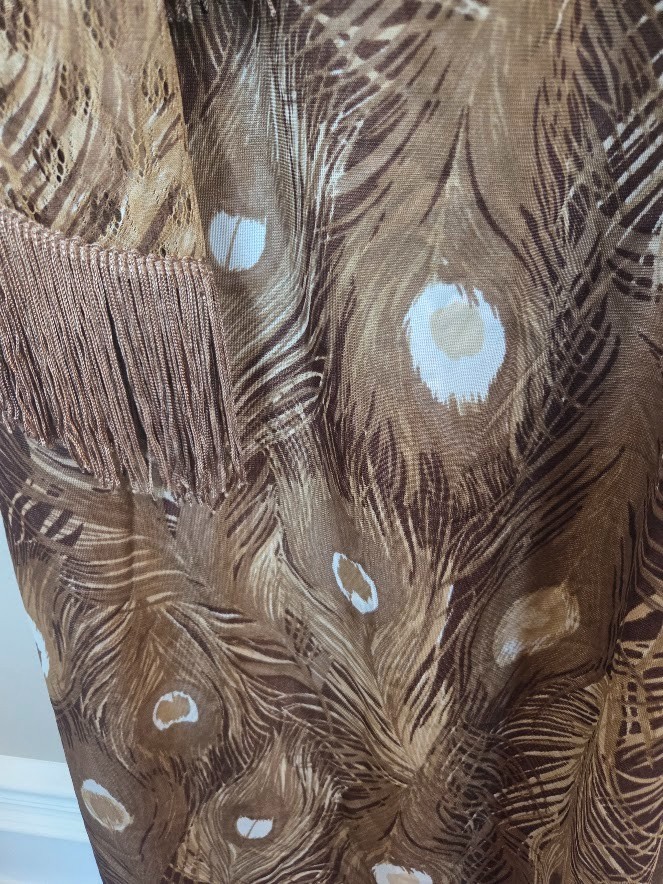 Vtg Tan Peacock Fringe 2 pc Boho Flapper Style Party Dress Size 11/12 Sheer