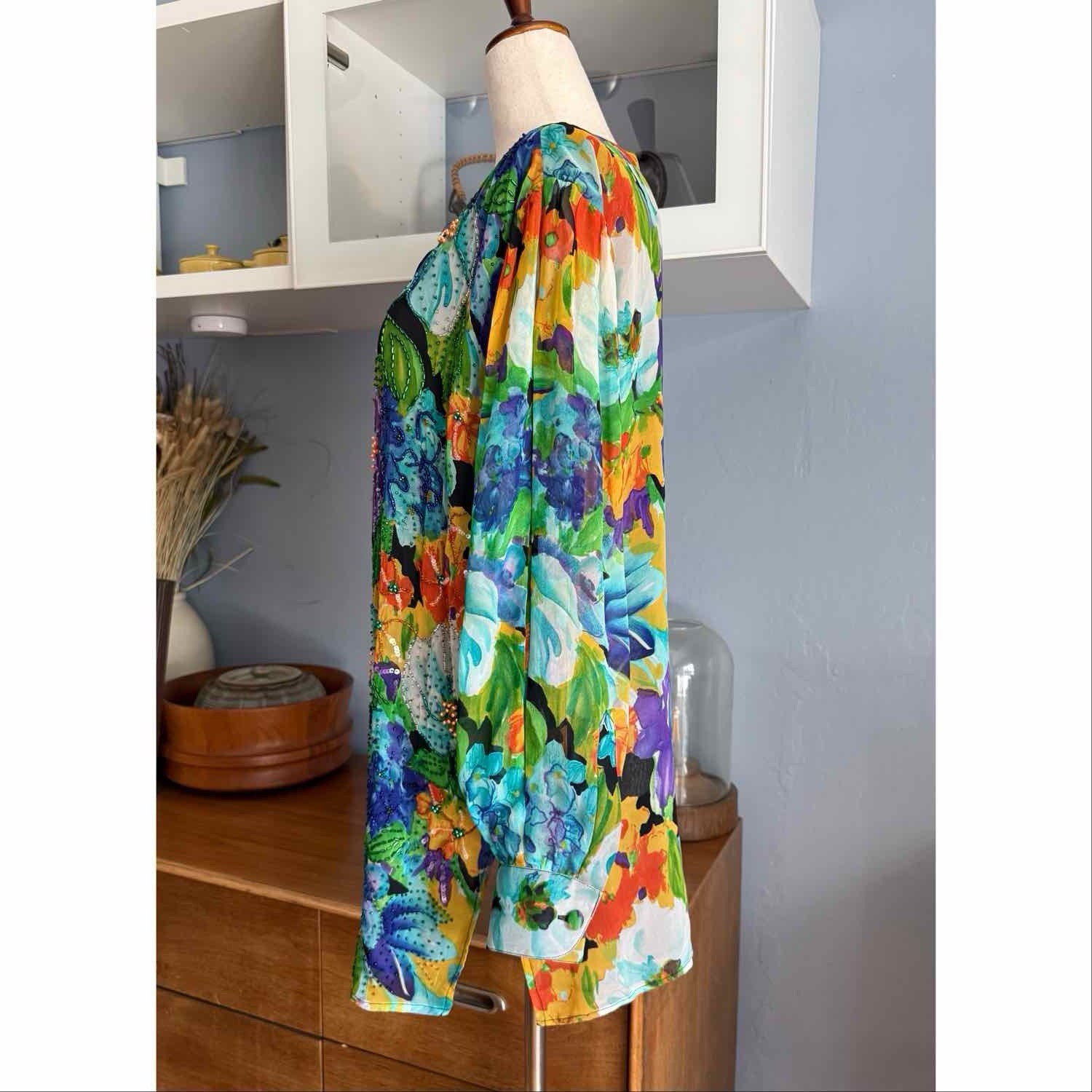 VTG Diane Freis Blouse Shirt Size Silk Bead Sequin Retro Glam Festive Luxury M/L