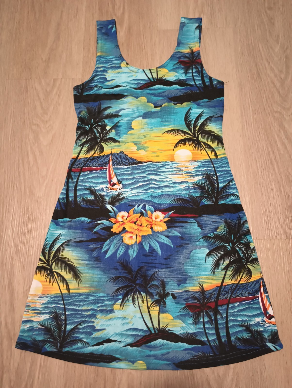 Vtg Tropical Hawaiian Print Stretchy Tank Mini Sun Dress resort swim cover up XS
