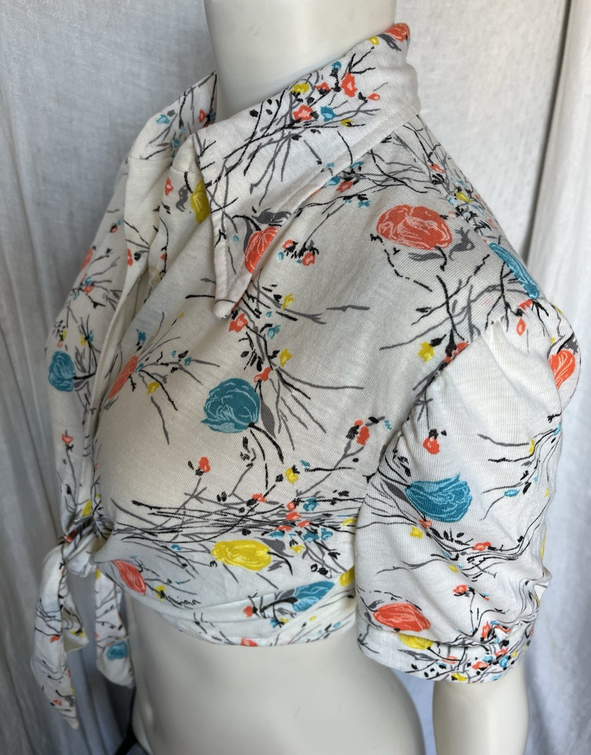 Vintage 70s Floral Crop Tie Blouse Summer Prairie Blooms Hippie Boho Cottage S/M