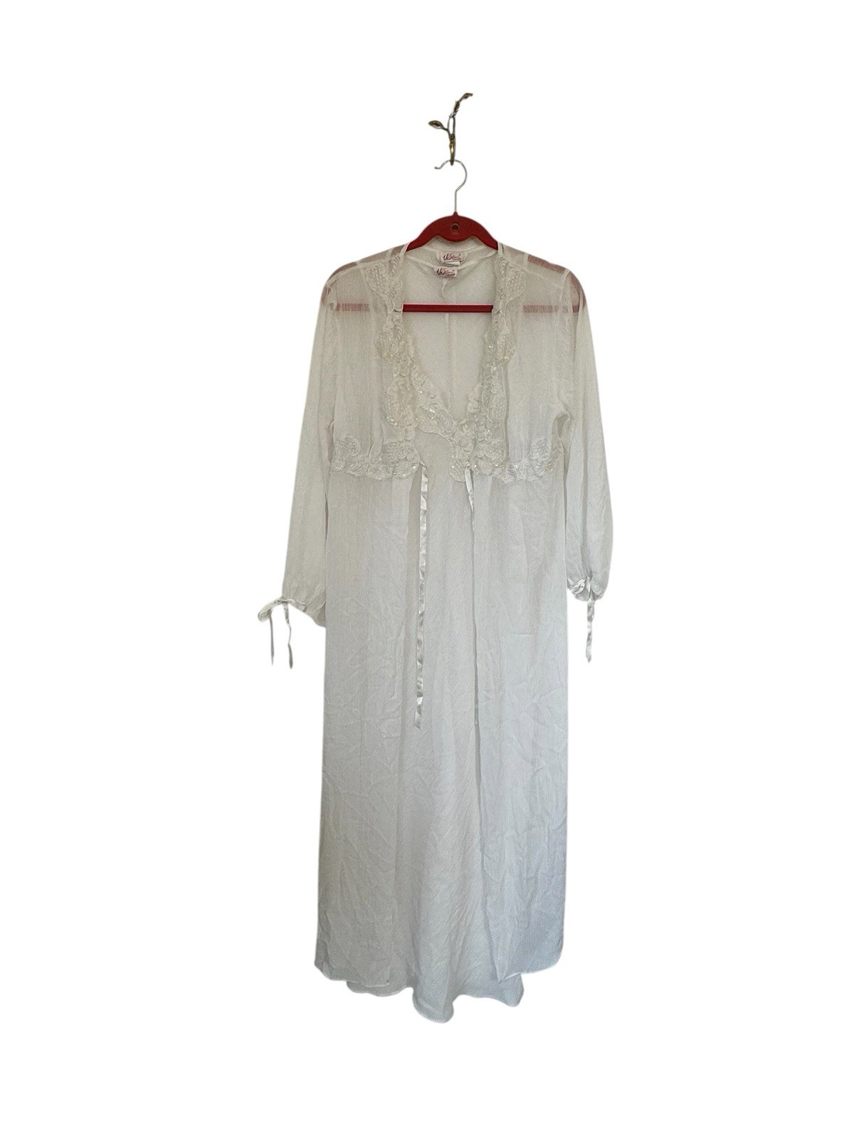 VTG 90s White Chiffon Lace Slip Dress & Peignoir Set Sequin Embroidery Size S