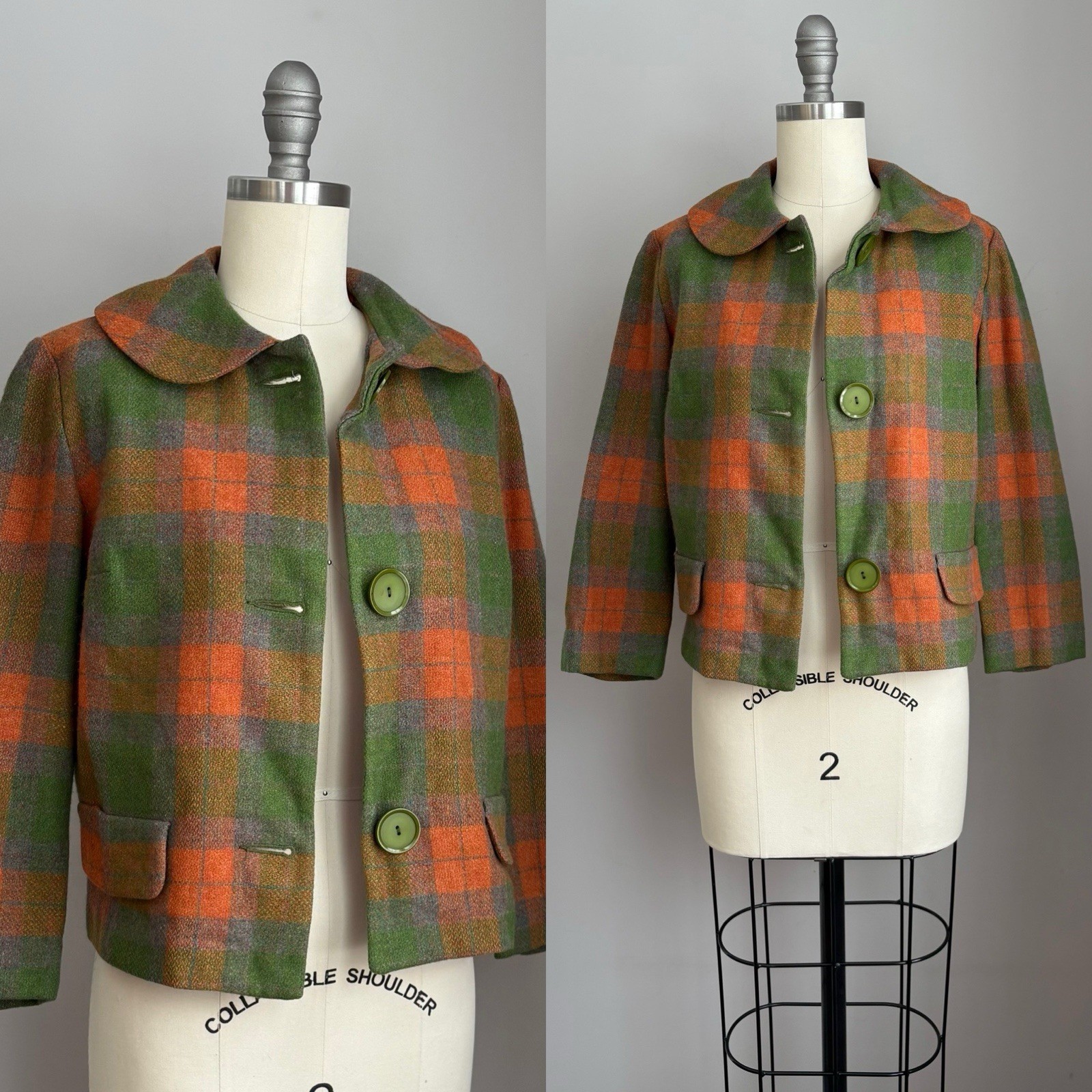 Vintage 1950’s Rainbow Plaid Wool Cropped Peter Pan collar Jacket XS/S