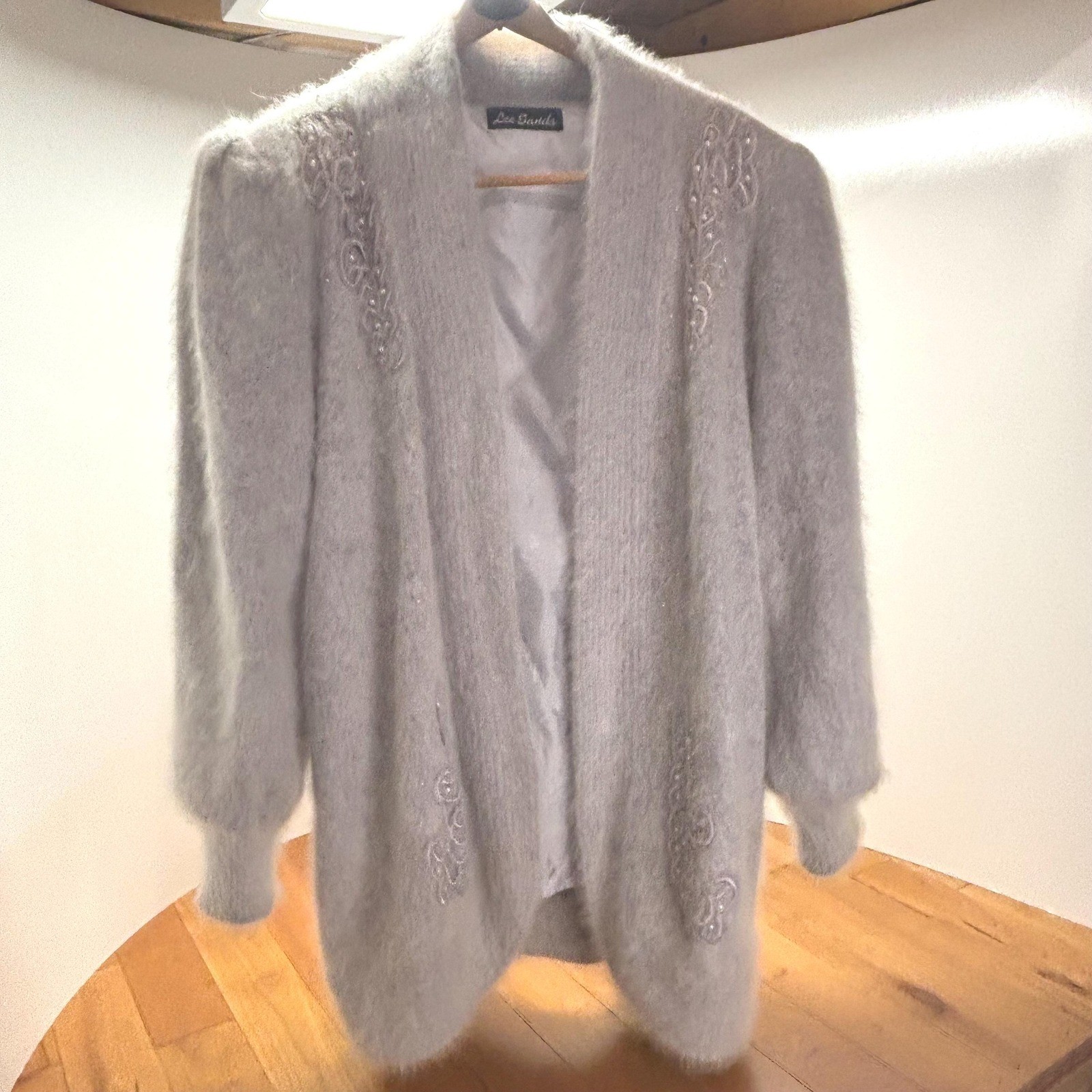 Lee Sands Lavender Angora Cardigan – Rhinestone & Pearl Beaded Appliqué
