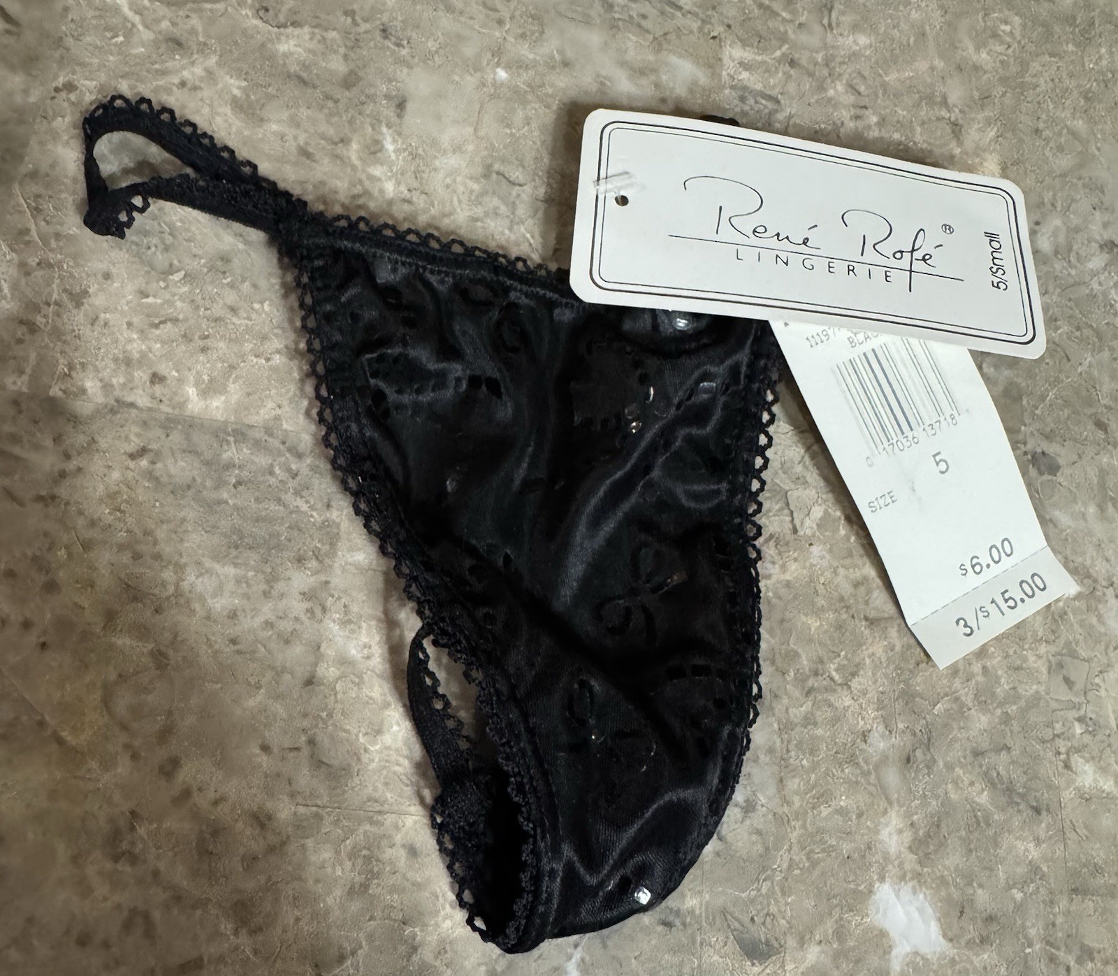 VINTAGE RENE ROFE THONG PANTY! SIZE 5 SMALL . BLACK. NEW!