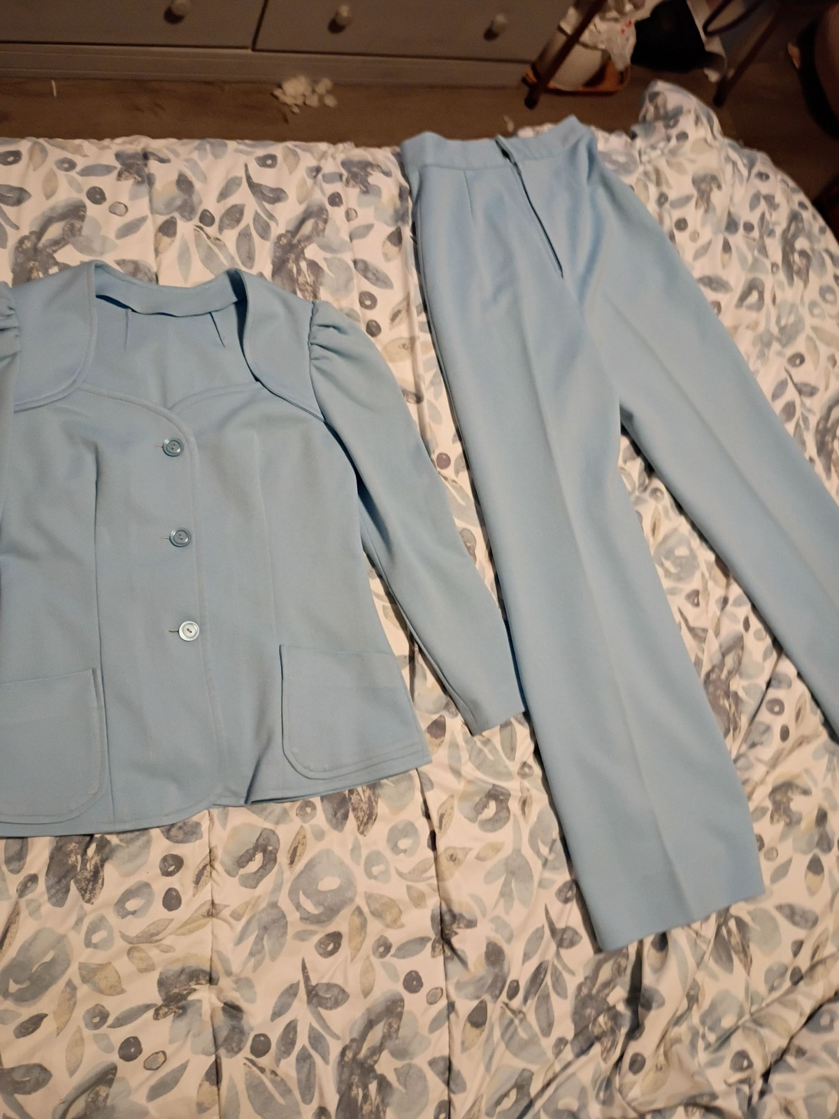 70s Style Baby Blue Polyester Pantsuit Puff Sleeve Wide Leg Trousers Set