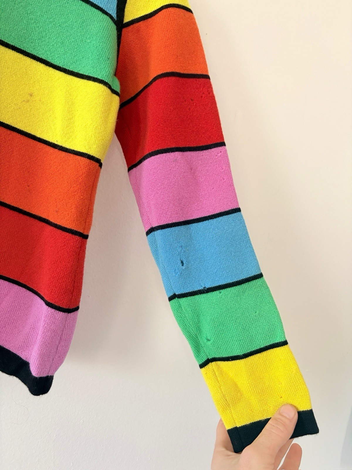 1960s Mod Geometric Color-Block Day Glo/Rainbow Wool Crewneck Sweater AS IS
