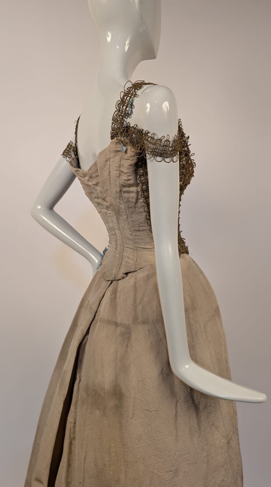 UNUSUAL VICTORIAN 1880’S SILK FAILLE + METALLIC GOLD BRAID BUSTLE DRESS