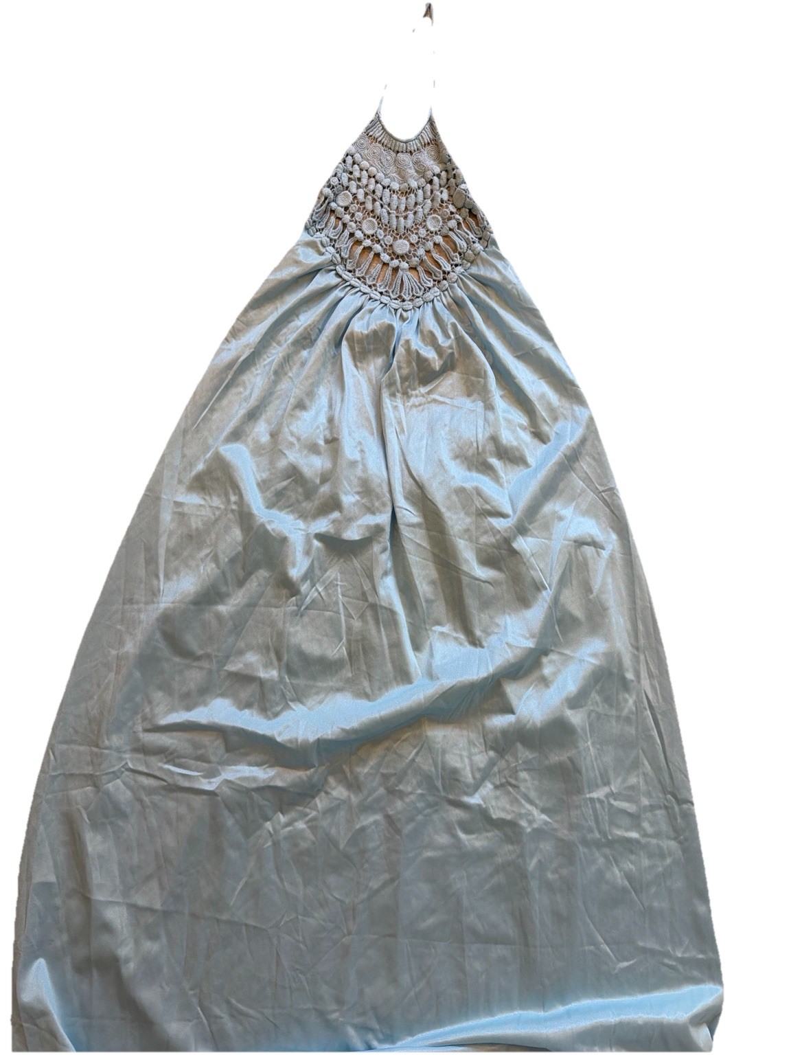 Vintage 70s Sears Crochet Halter Maxi Dress Blue Open Back Boho USA Medium
