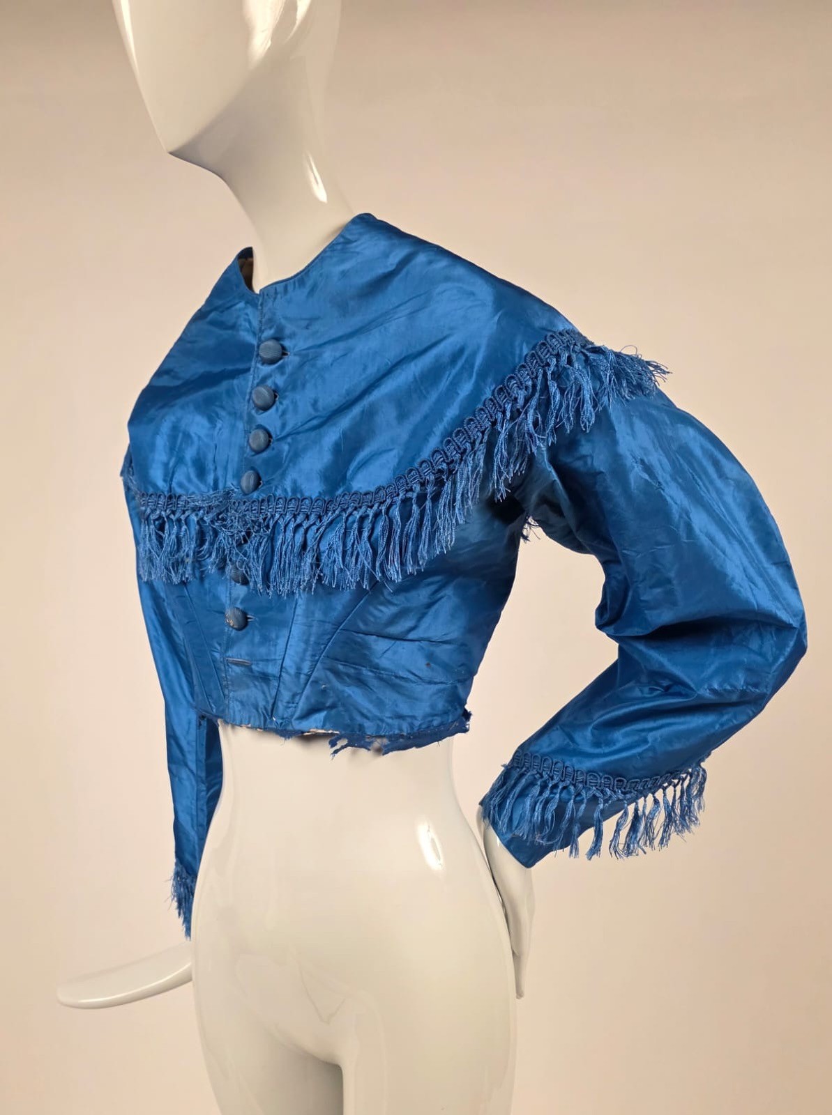 CIVIL WAR 1860’S BRIGHT BLUE SILK BODICE W SILK FRINGE TRIM