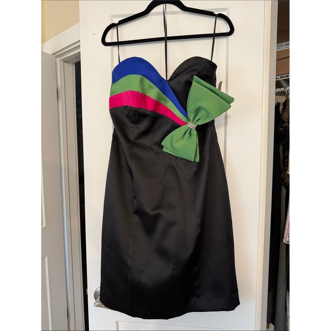Vintage Leslie Fay Strapless Sweetheart Color Block Bow Cocktail Dress 10 NOS