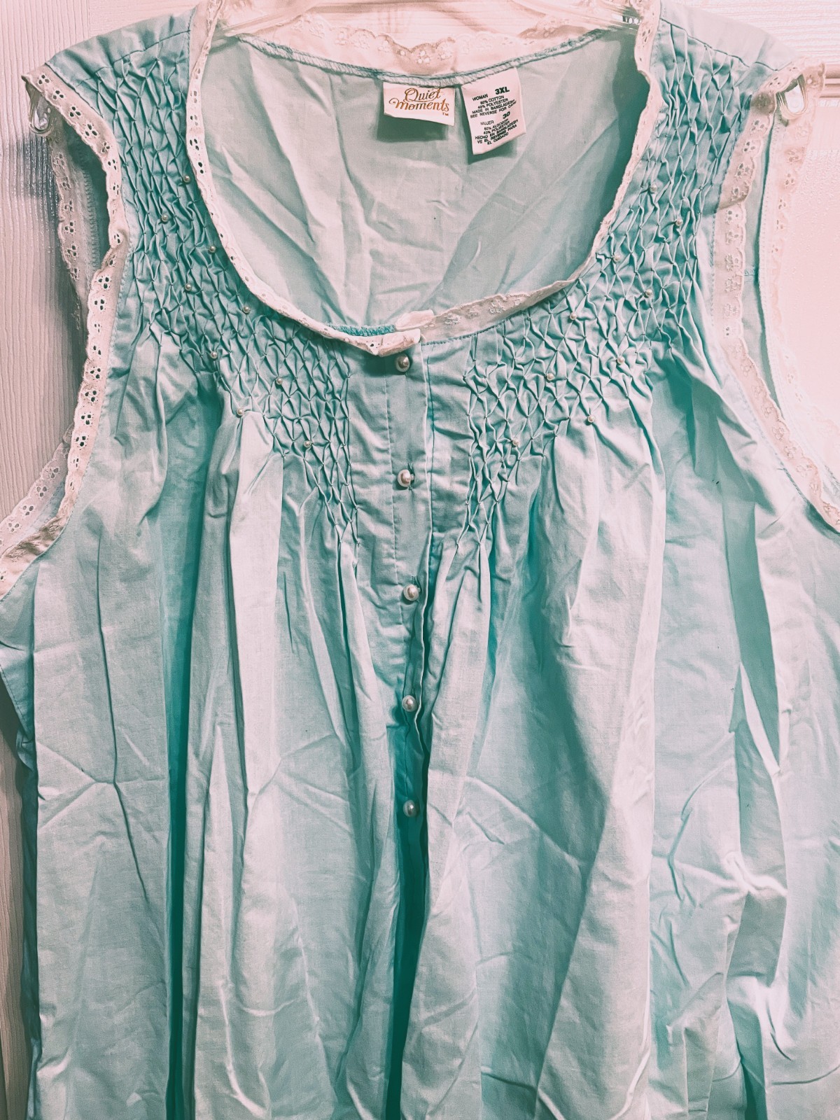 Vintage Quiet Moments Cotton Blend Nightgown Cottage Blue/Green 3XL/XXXL Smocked