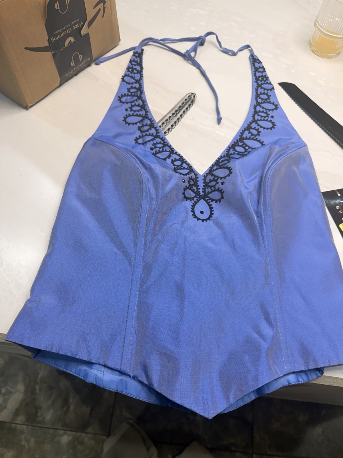 VTG J.R. Nites Blue Satin Halter Corset Top Beaded Y2K 90s Evening Size 6 NWT