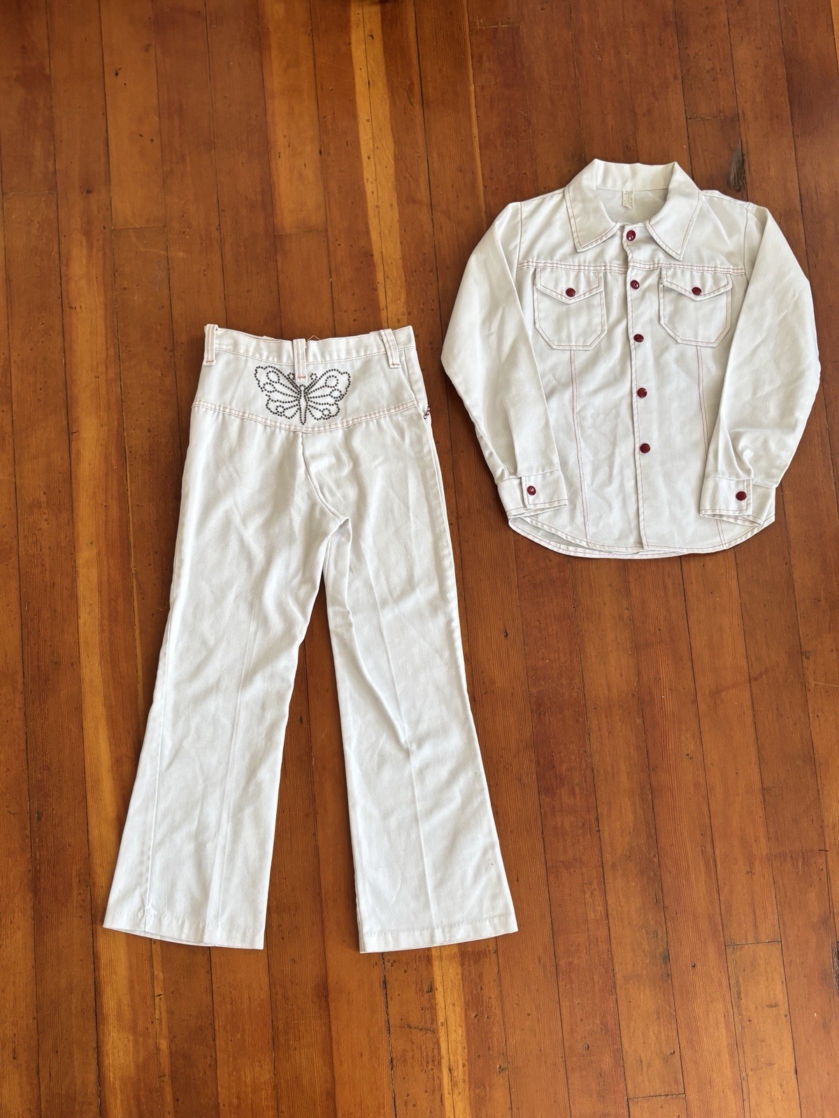 Womens 70s Denim Jacket Bell Bottom Pant Set Embroidered Vintage