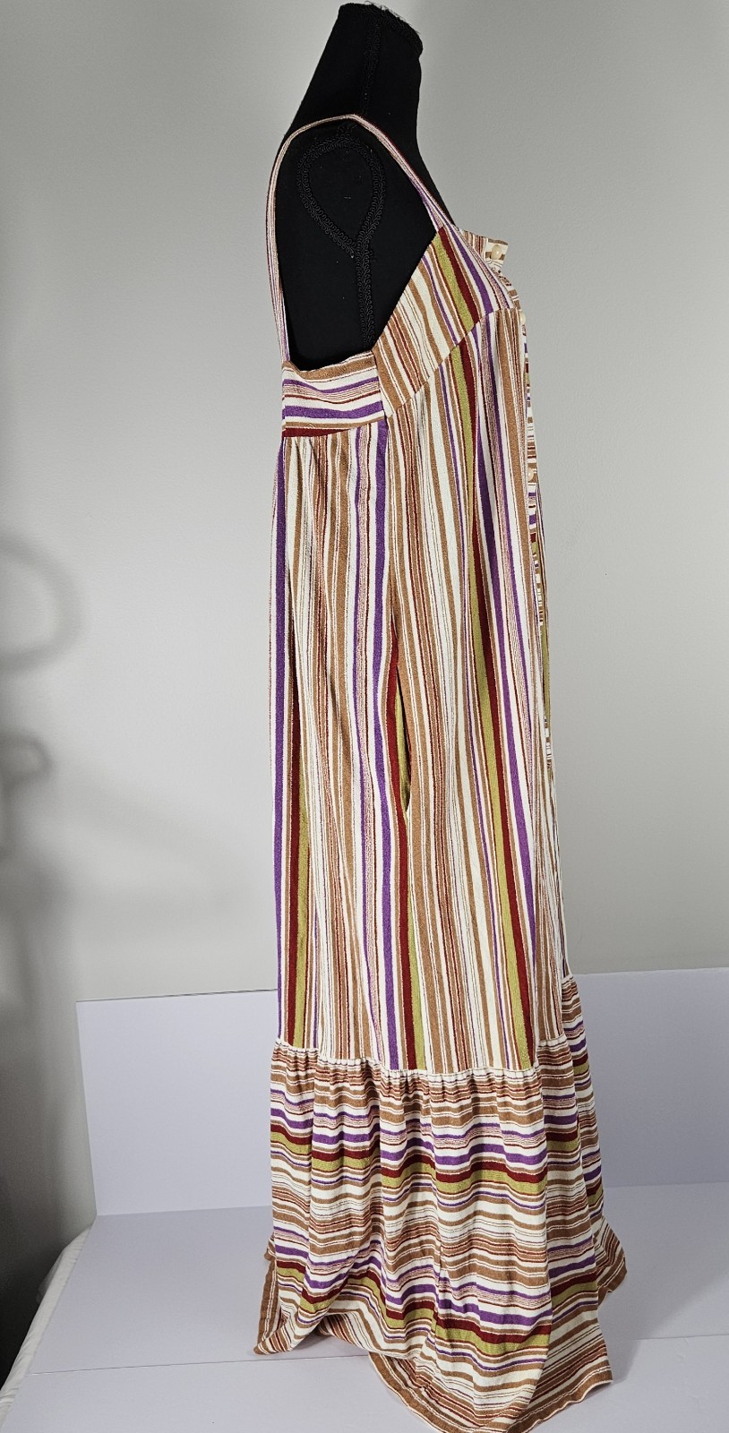 60s 70s Vertical Stripped Long Sundress Ruffled Skirt Cover up Boho Hippy Sz M
