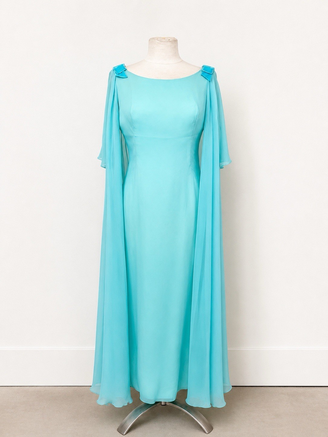 Vintage 1960s Hollywood Regency Glam Aqua Chiffon Velvet Bow Cape Hostess Dress