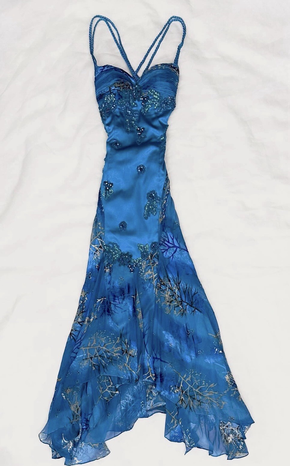 vintage “fairycore » gown, Rare Ocean Blue Mermaid Jewel bead Dress.