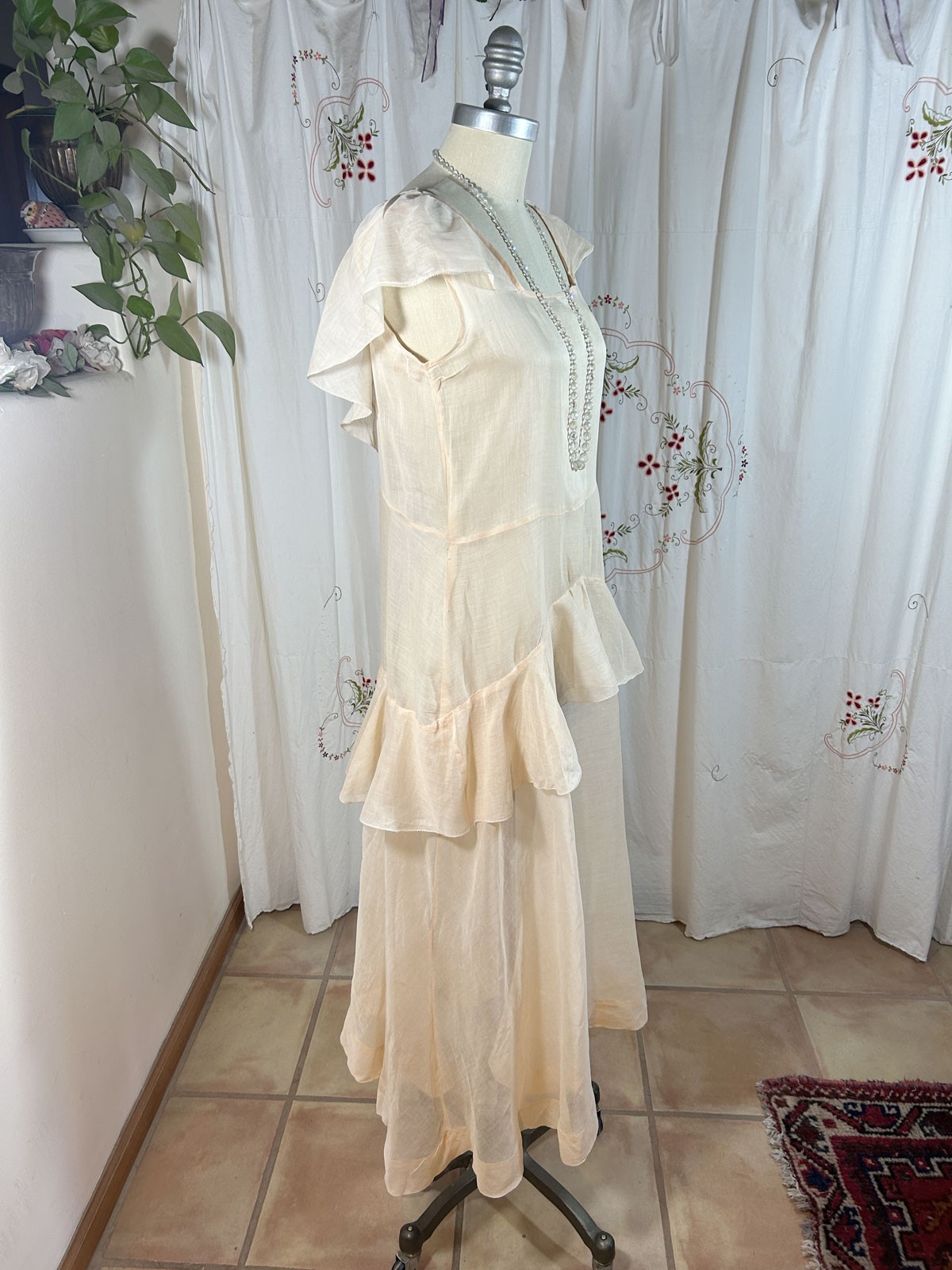 Antique 1920s Peach Sheer Muslin Flapper Dress Capelet Collar Sleeveless sz 4/6