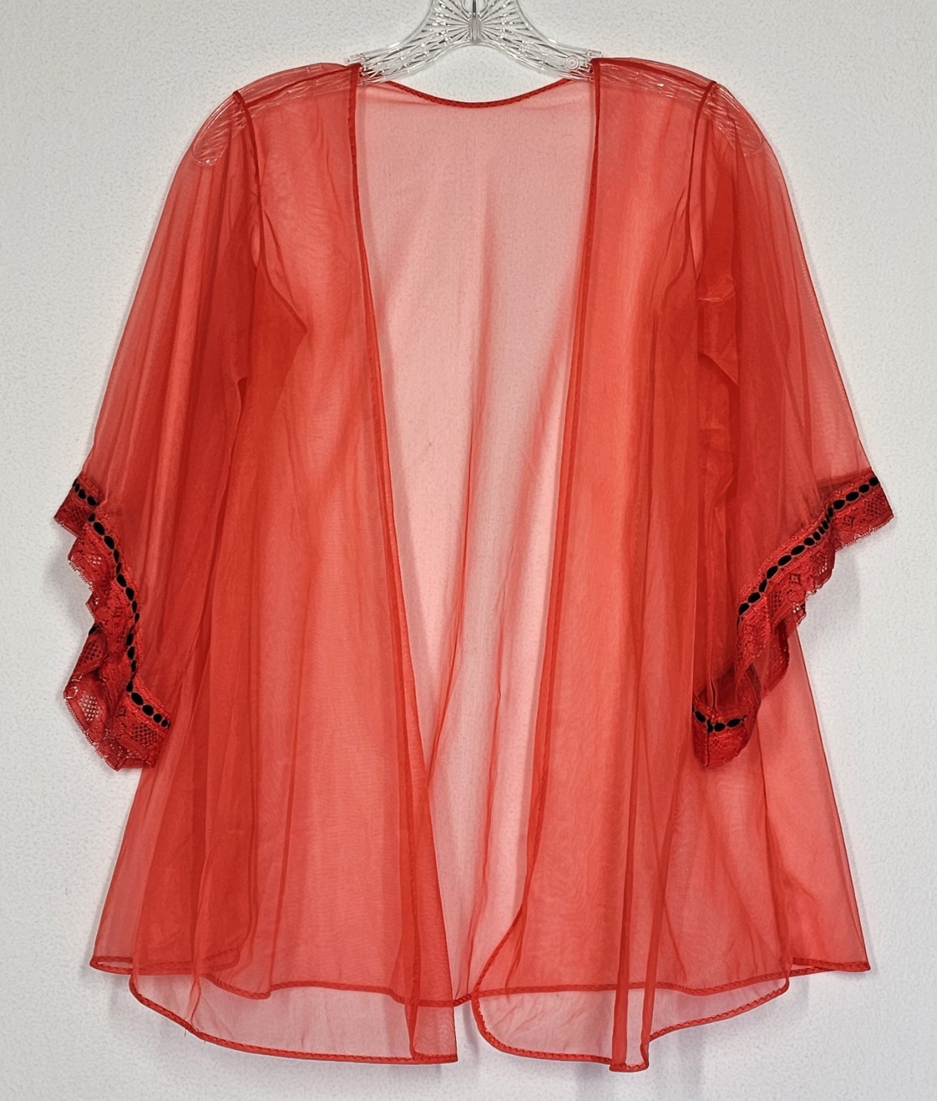 Vtg Pandora 2 Pc Sheer Peignoir Set Red Black Chiffon Small Babydoll Negligee