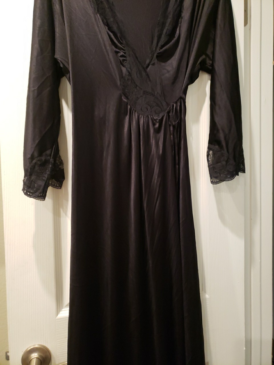 Vintage Silky Black Wrap Around Long Nightgown Hollywood Core Glamour