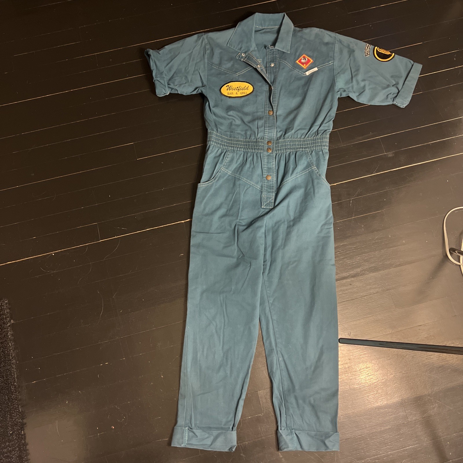 Vintage 1980s Dreams Snap Front Elastic Waist Green Jumpsuit w/patches Sz SM