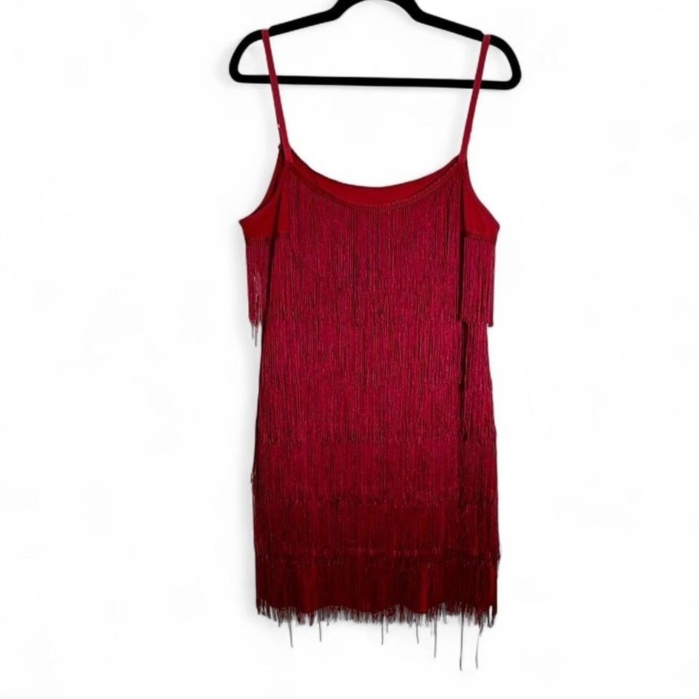 Red 1920&rsquo;s mini dress flapper inspired fringe adjustable straps gatsby party L