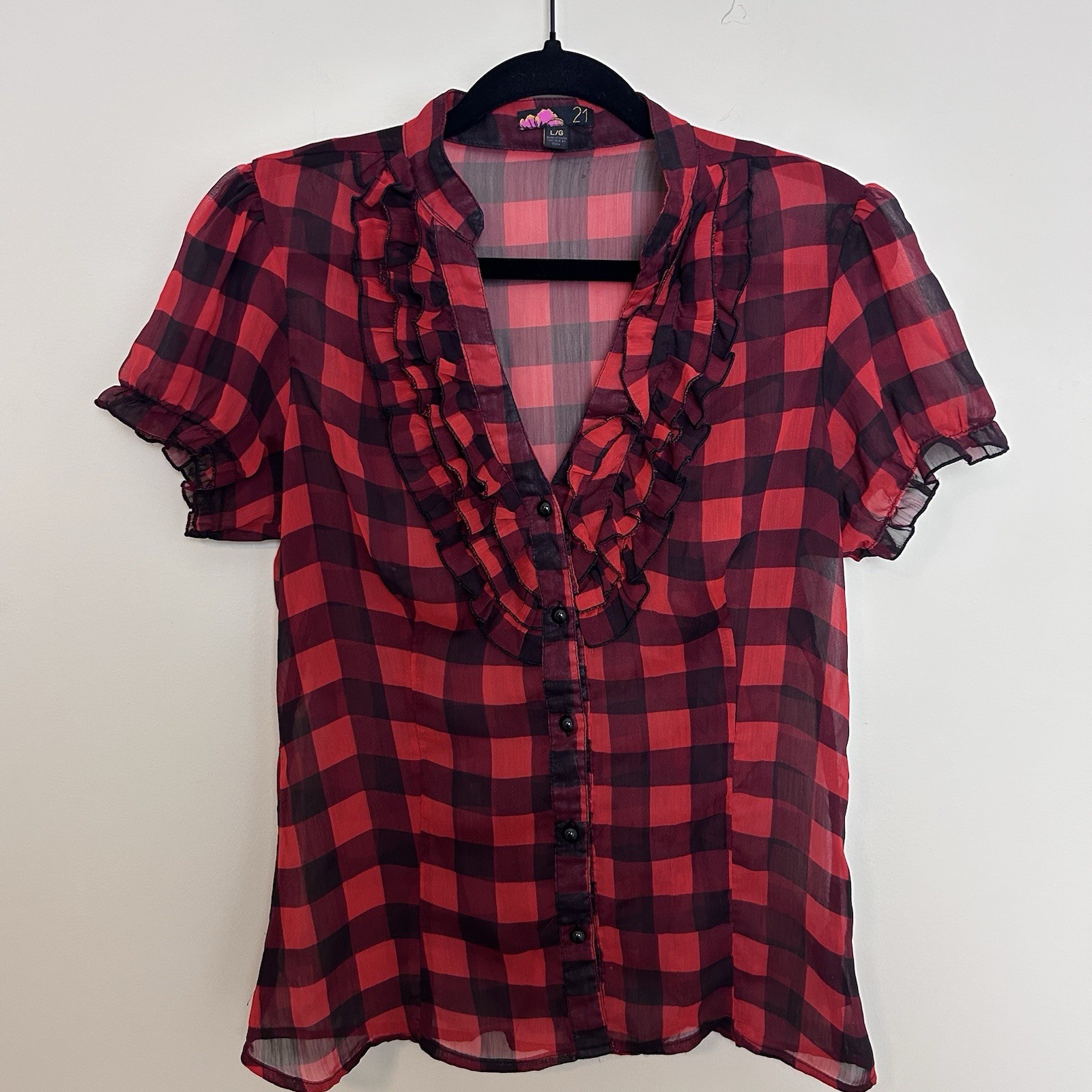 VINTAGE Y2K Forever 21 Red Checker Ruffled V-Neck Grunge Blouse Top L