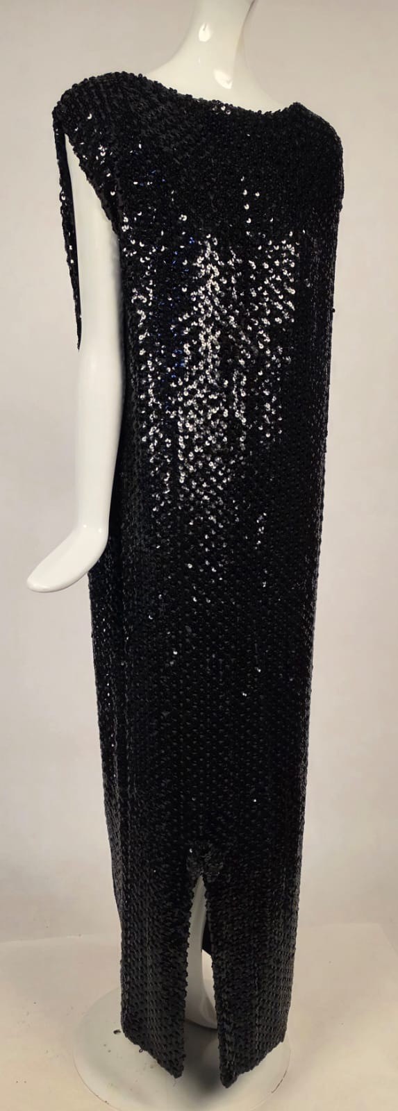 VINTAGE 1970’S LIQUID BLACK SEQUIN COLUMN GOWN DRESS W SAKS FIFTH AVE LABEL