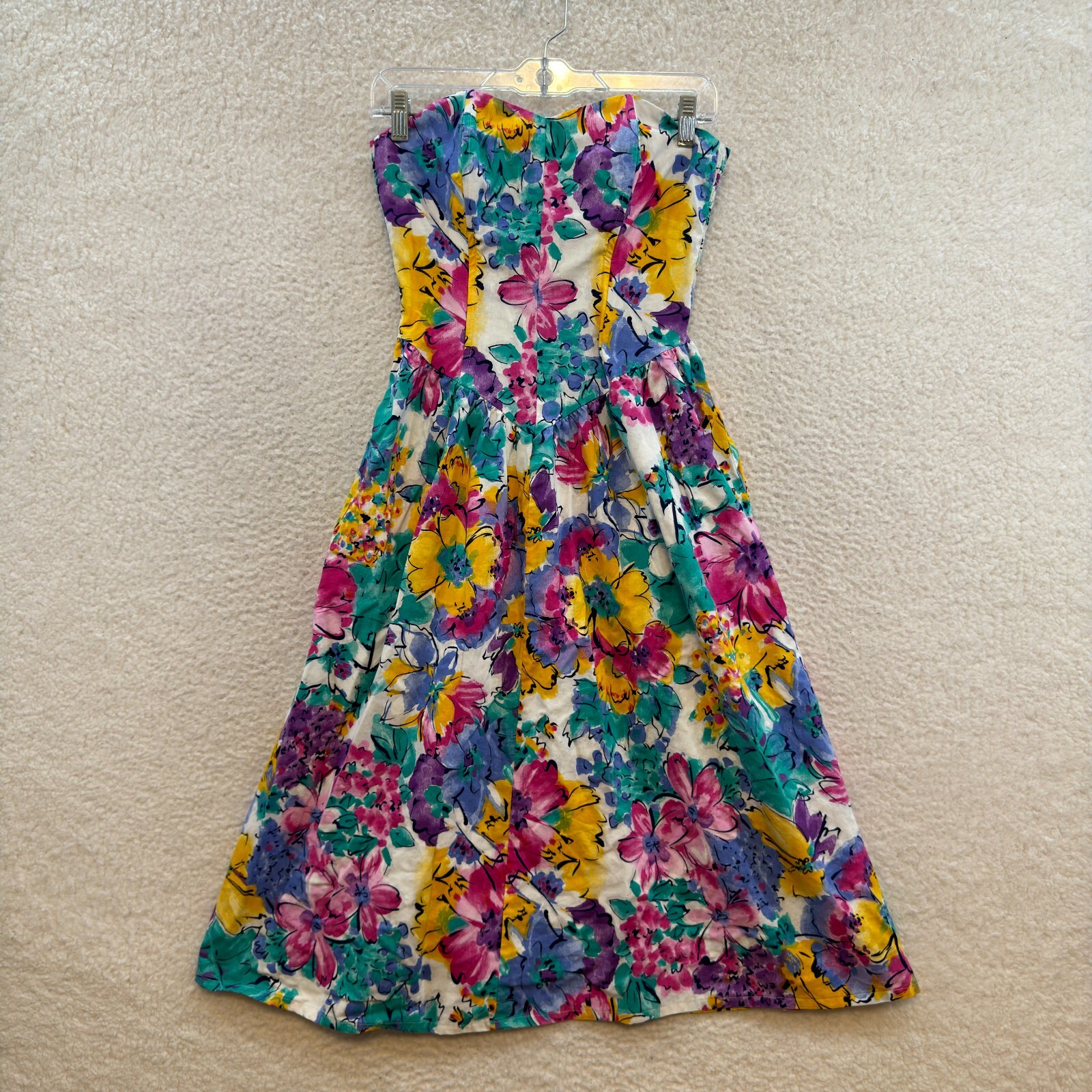 90s Vintage Strapless Midi Dress 4 Small Floral 60s Mod Retro Prairie Trad Wife