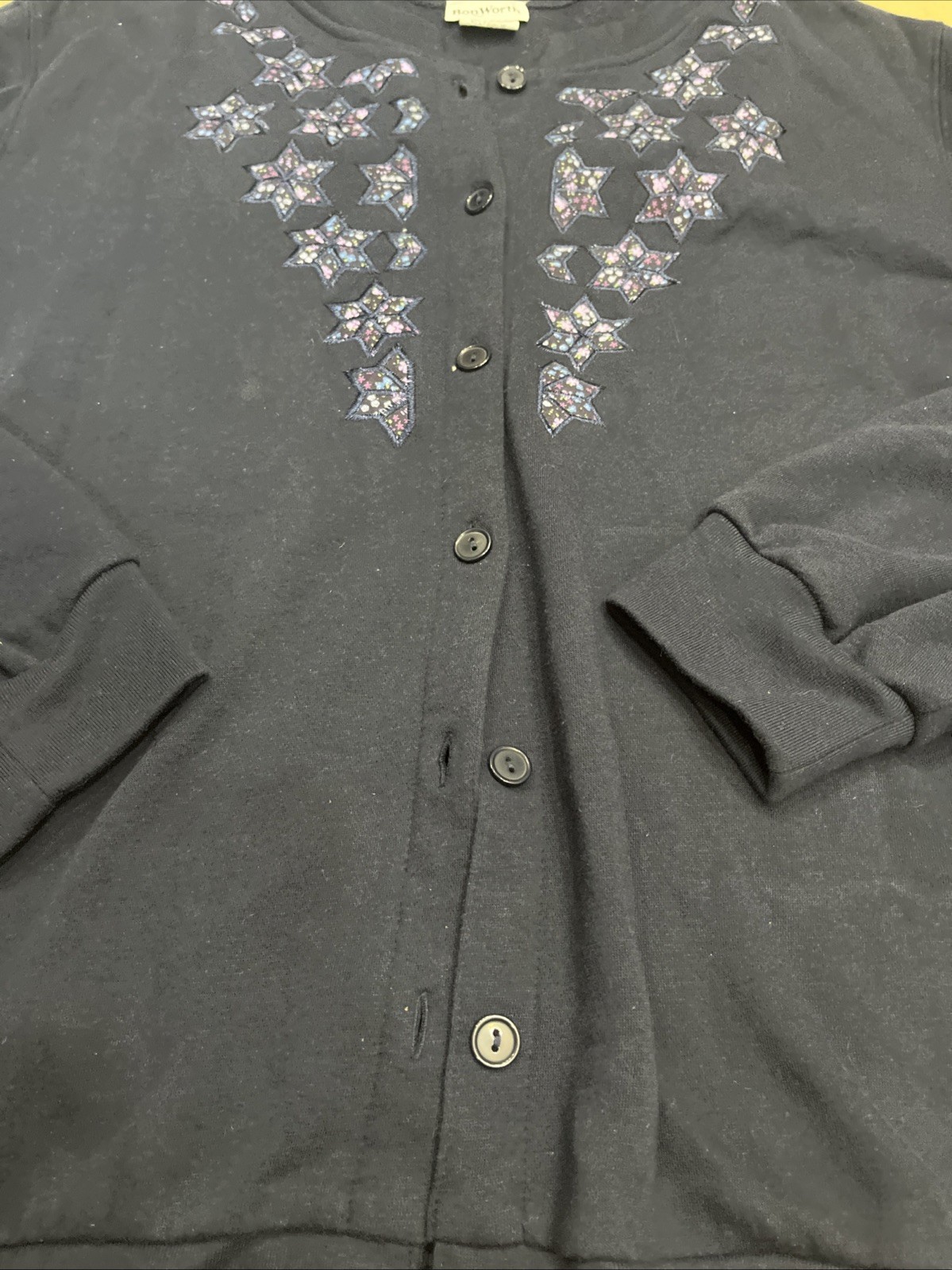 Vintage BonWorth Snowflake Embroidered Cardigan Women Navy Grandma Size Large