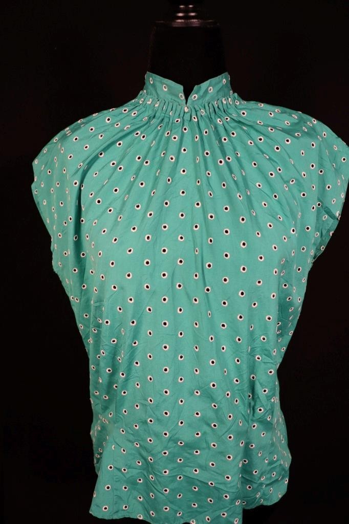 Vintage 1950&rsquo;s French Green Cotton Blouse White Eyelet Size Large Excellent Cond