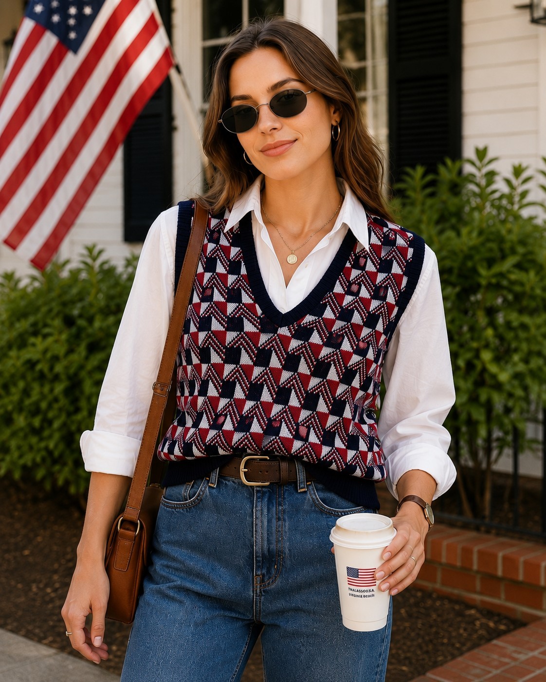 Vtg Sweater Vest 70s Acrylic Geometric Red Navy Blue White Pullover Retro Mod M