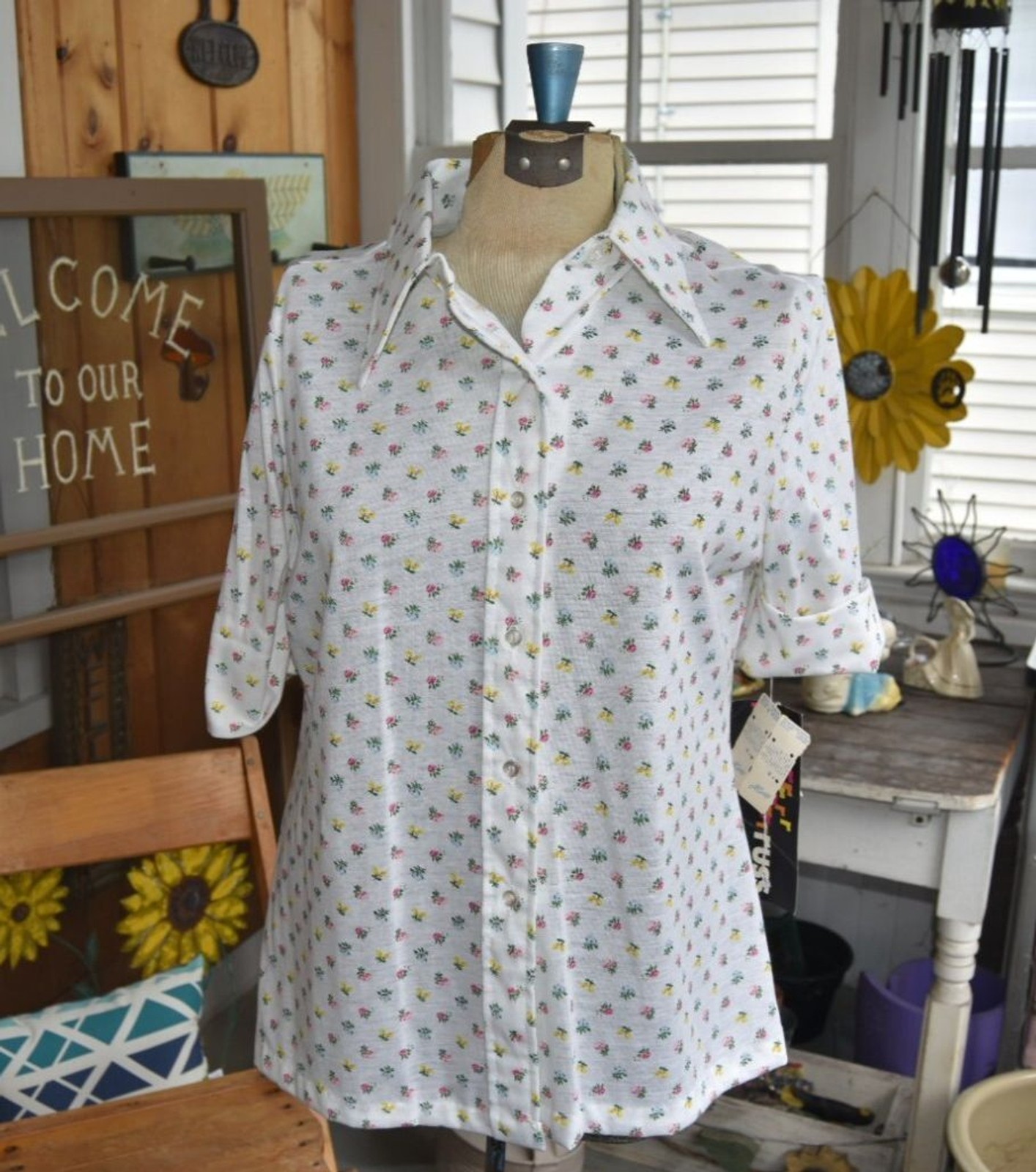 NWT 60s Russ Toggs Floral Cuff Sleeve Shirt-Deadstock Butterfly Collar Sz Large
