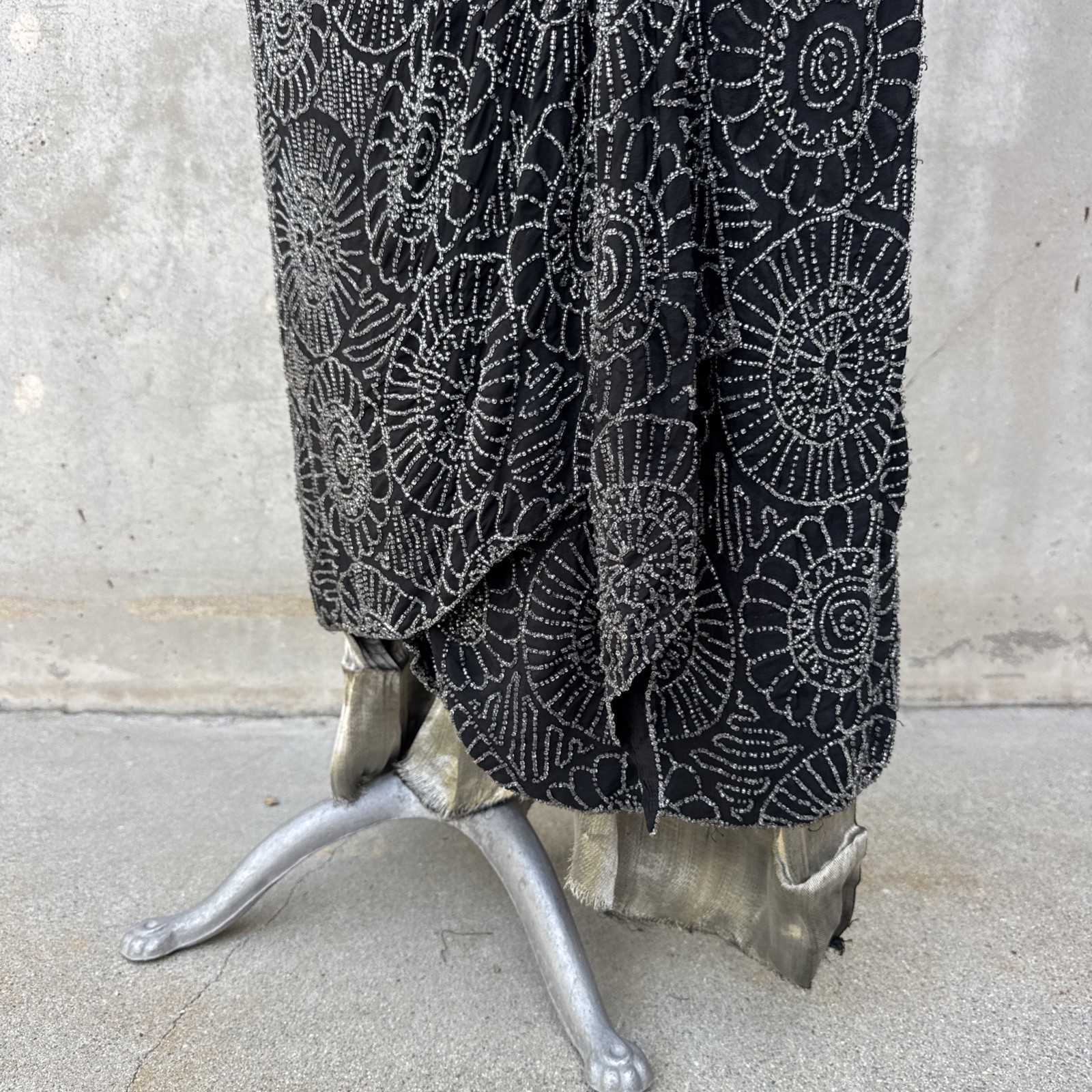Antique 1920s Completely Beaded Flower Gown Silver Lamé Full Length Dress VTG