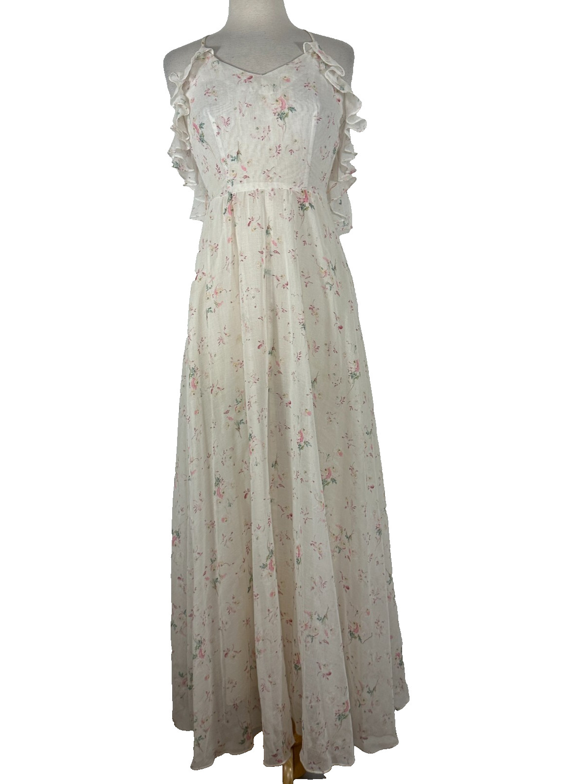 1970s Roberta California Maxi Dress White Floral Cottagecore Prairie Size 5/6