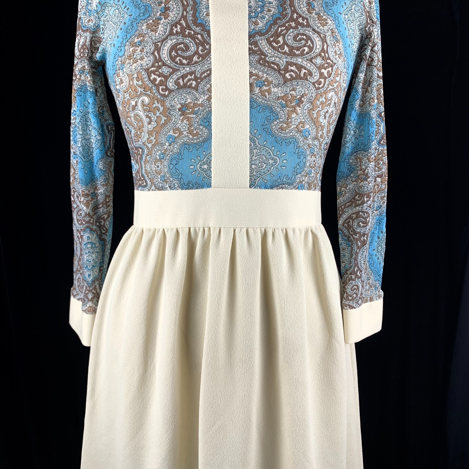 Sears 1970s Poly Double Knit Maxi Dress S Blue Lace Gathered Skirt Excellent