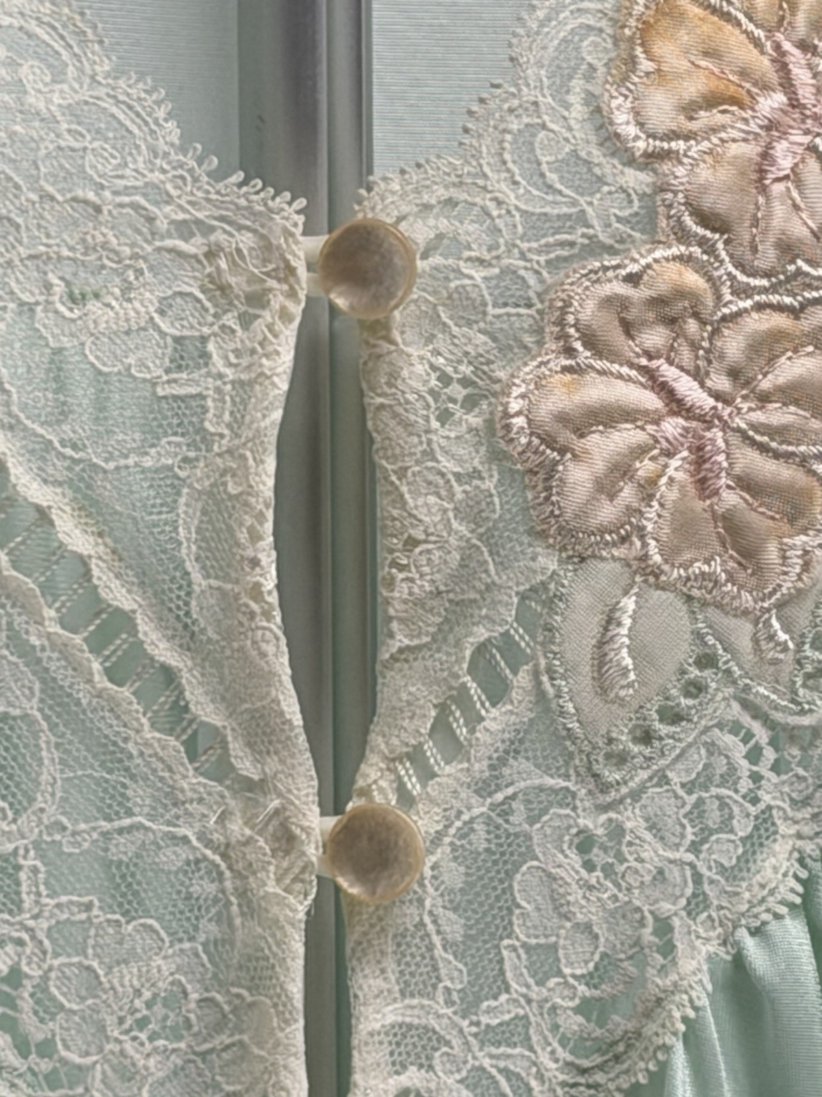 Vintage 70s Shadowline Aqua Mint Lace Robe Nightgown Size Large Sheer Dressing