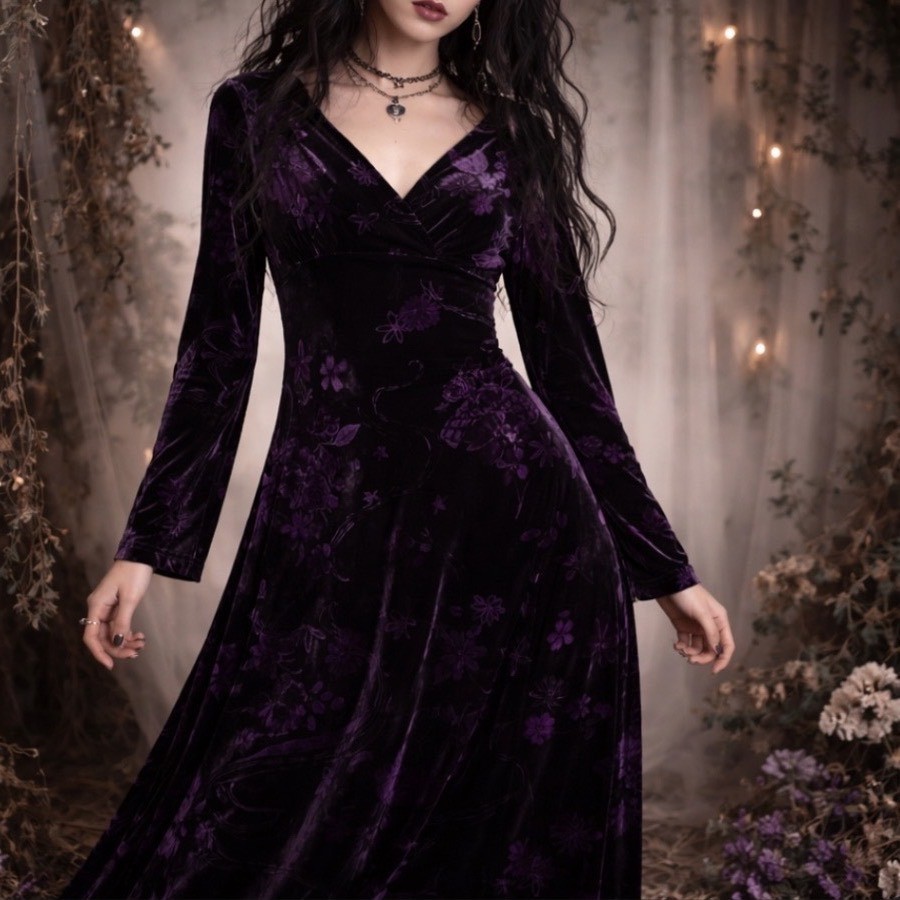 Vintage 90s Y2K Purple Velvet Floral Babydoll Maxi Dress 12 Fairy Grunge Goth