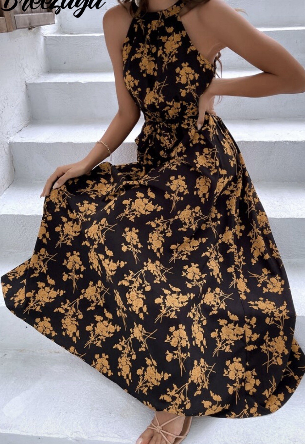 Vintage Floral Maxi Dress Black and Gold