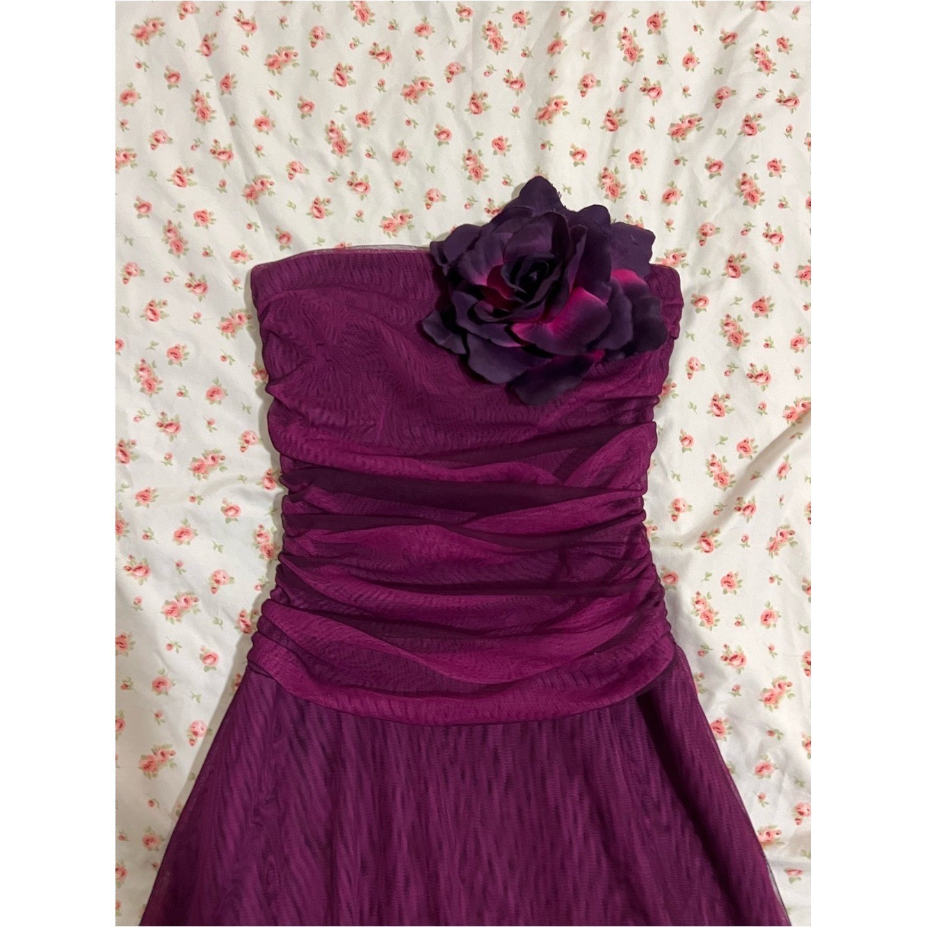 vintage pink/purple gothic fairy strapless prom dress with big flower detail