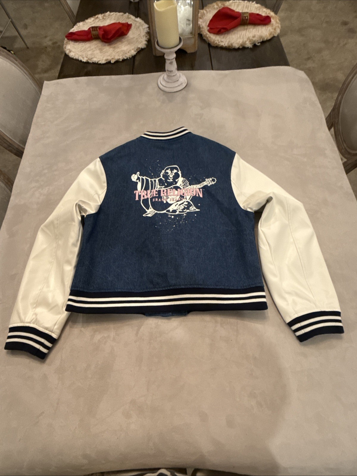 TRUE RELIGION DENIM White VARSITY JACKET Womens Size Large Blue/White