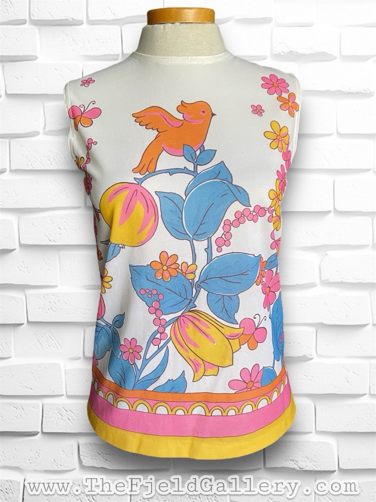 1960’s Mod Bird & Tulip Colorful Print Orange Blue Yellow Pink Tank Top Shirt