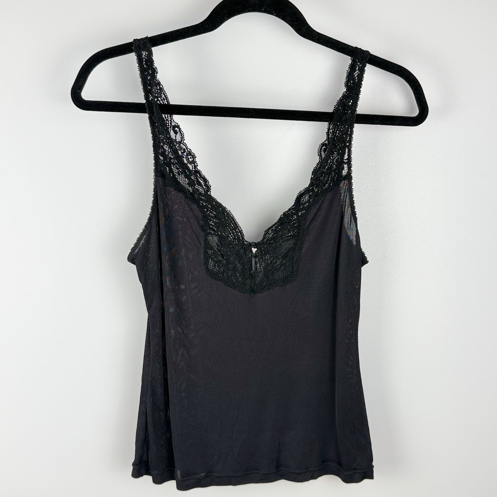 Vintage Wacoal Black Camisole Lingerie Top Size M Lace Stretch Romantic USA 70s