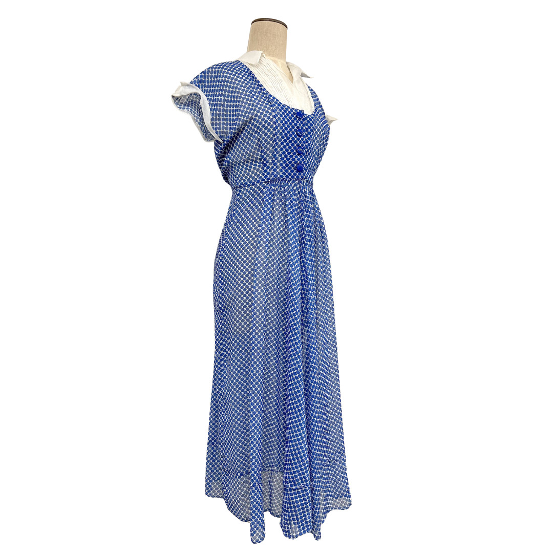 Vintage 1940s Blue & White Printed Semi Sheer A-line Day Dress