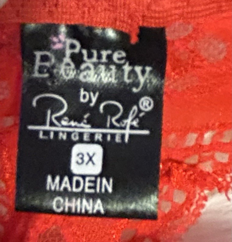 2 PC Rene Rofe Red Shiny Silky Sheer Lace Trim Nightie & Thong Panties 2X/3X NOS