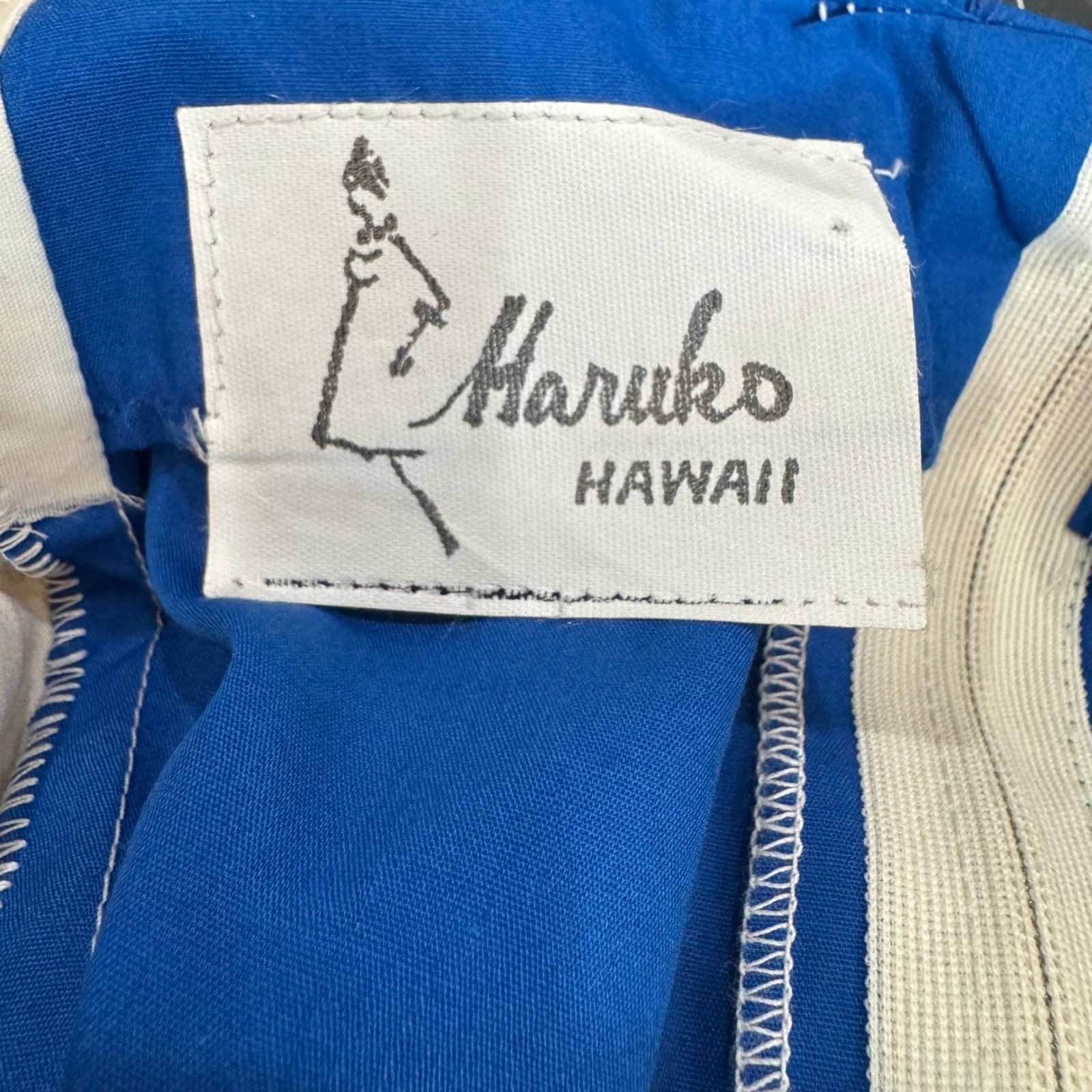 RARE Vintage Haruko Hawaii Hand Painted Floral Bamboo Maxi Dress Blue Cream SM