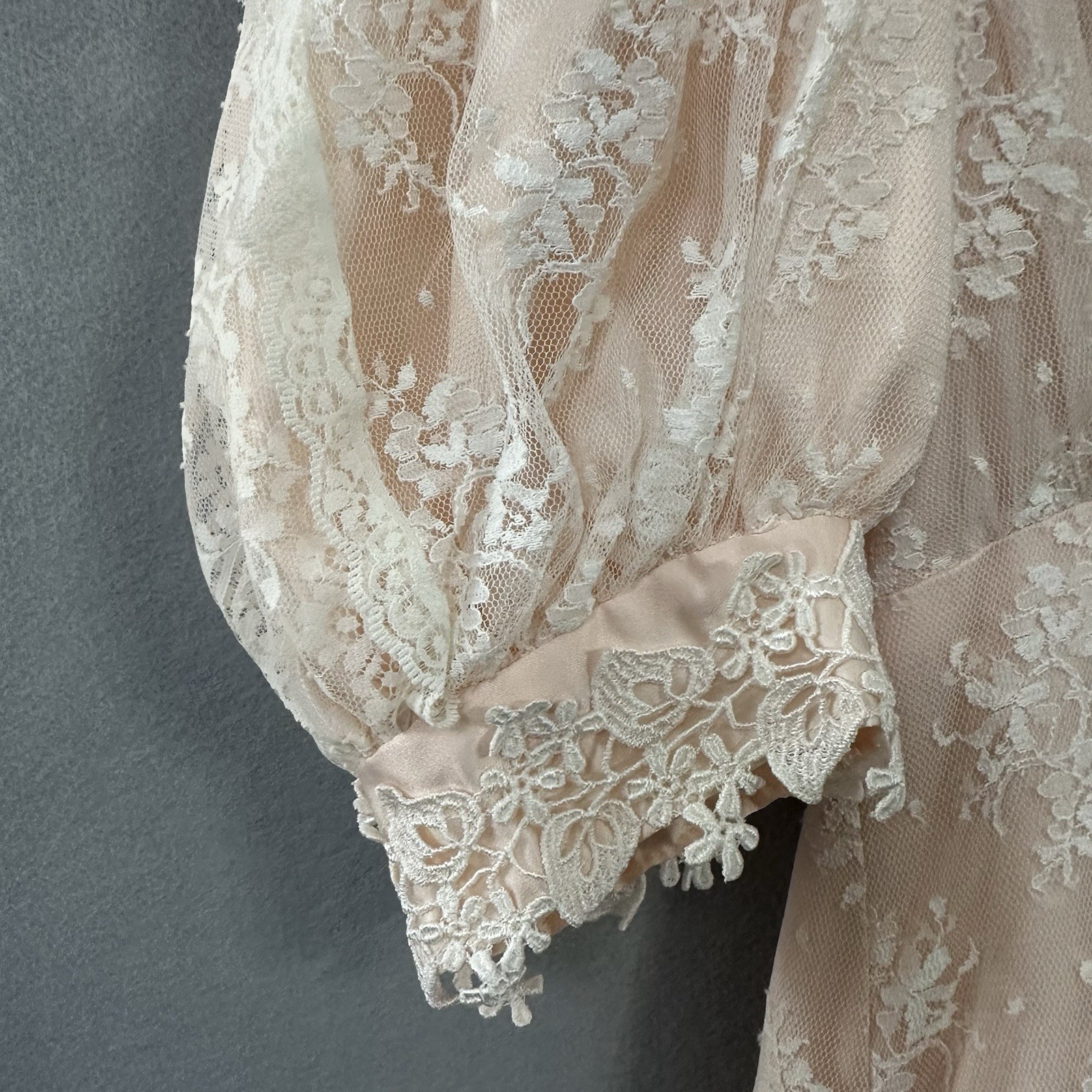 Vtg Jessica McClintock Romantic Victorian Floral Lace Dress Peach Cream SZ 8 USA