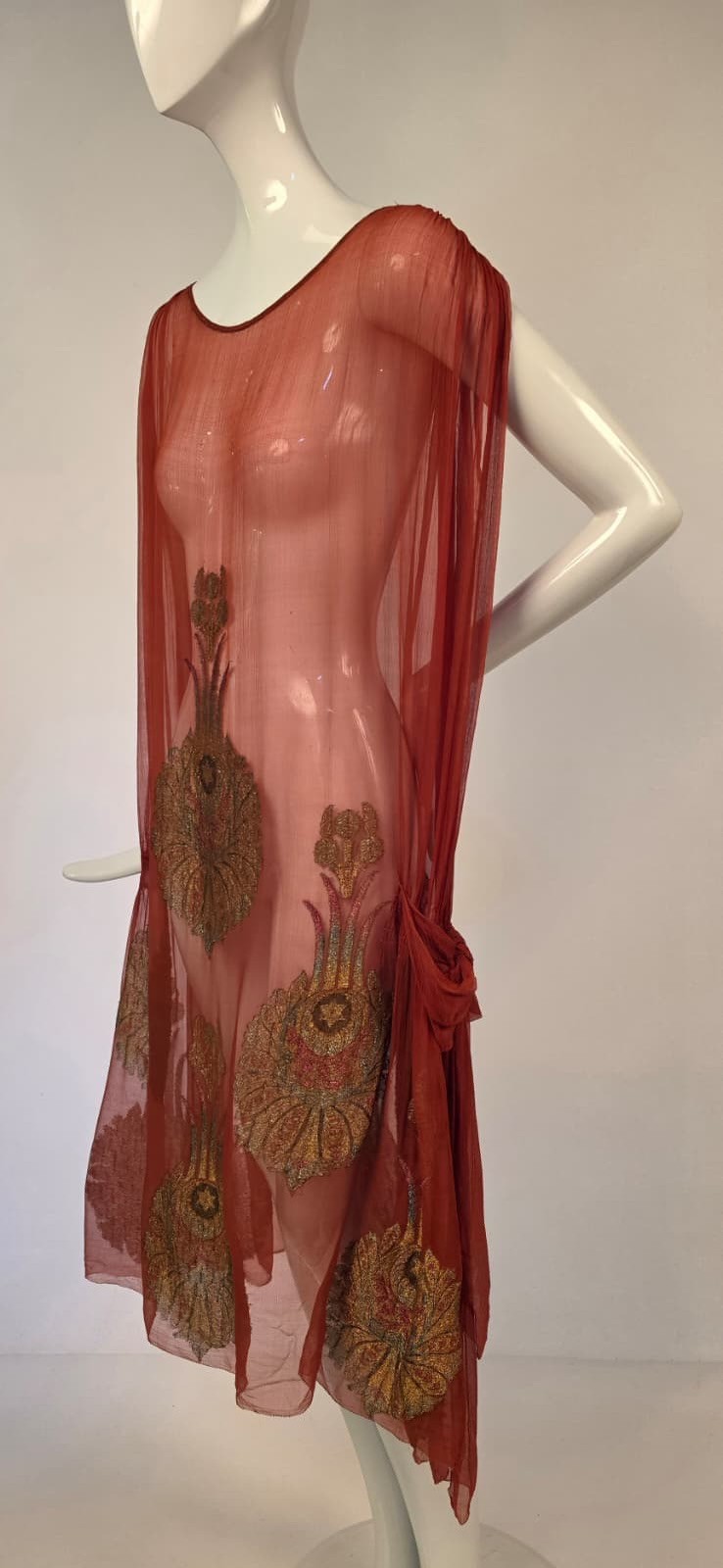 FLAPPER 1920’S RUST RED SHEER SILK CHIFFON DRESS W STAR GOLD LAME BROCADE DETAIL
