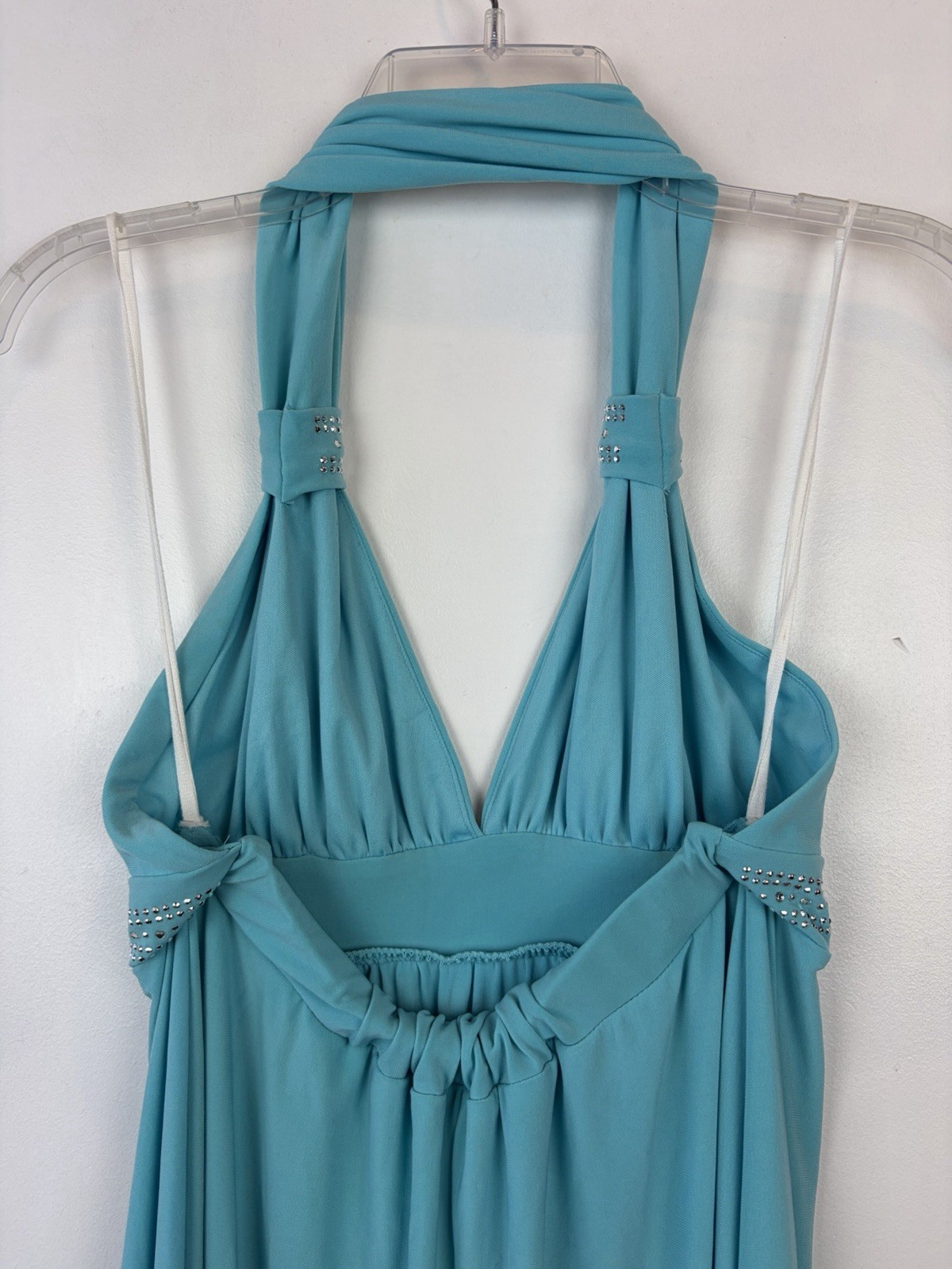 Vintage Disco Halter Dress Womens Large Strappy Blue Liquid Jersey Evening Event