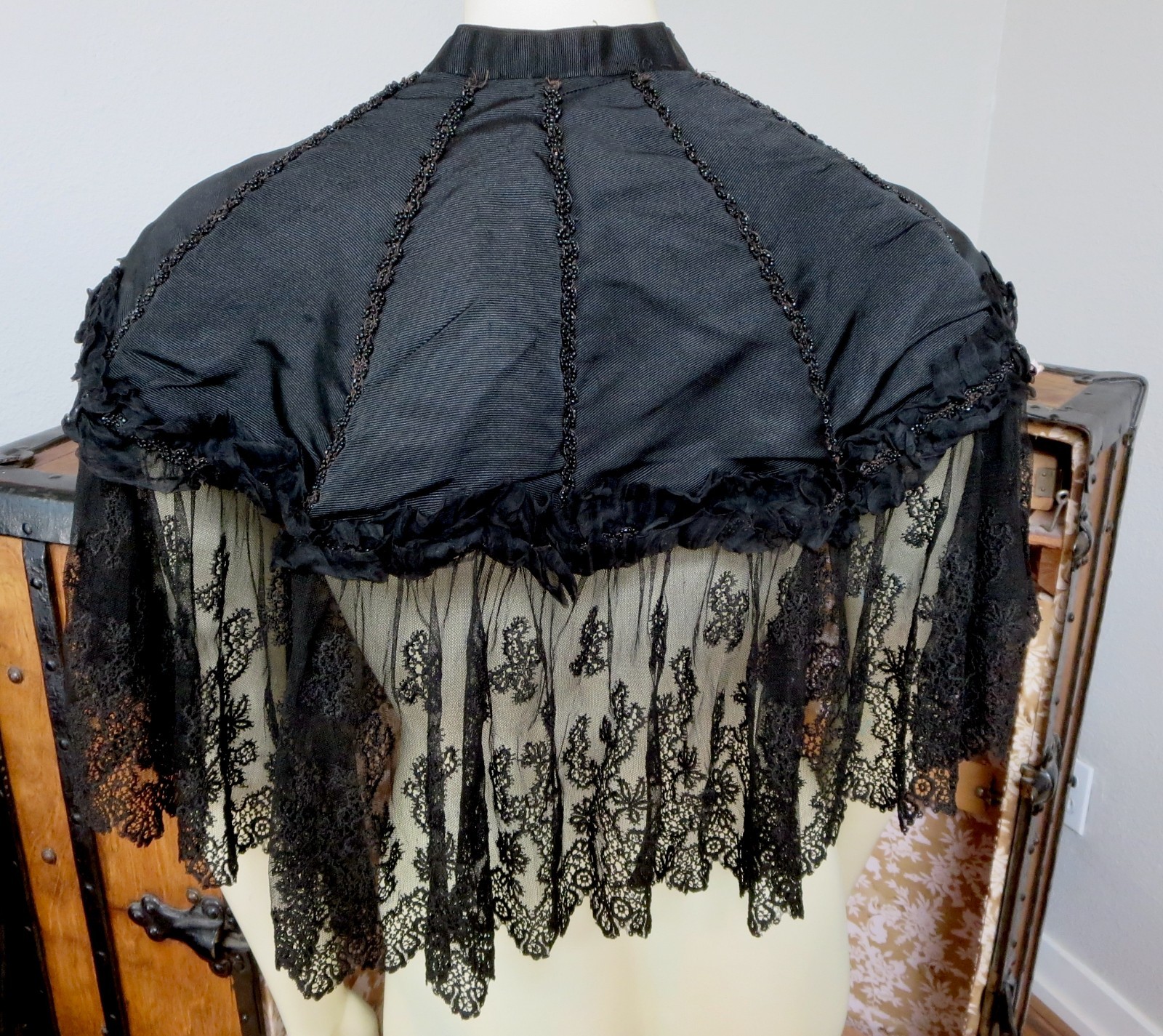 Antique 1880s Black Mourning Capelette Wide Chantilly Lace & Glass Beading